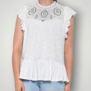 LUCKY Brand Top Womens Medium Embroidered Mesh Top Ruffle Sleeves  ‎ Boho New